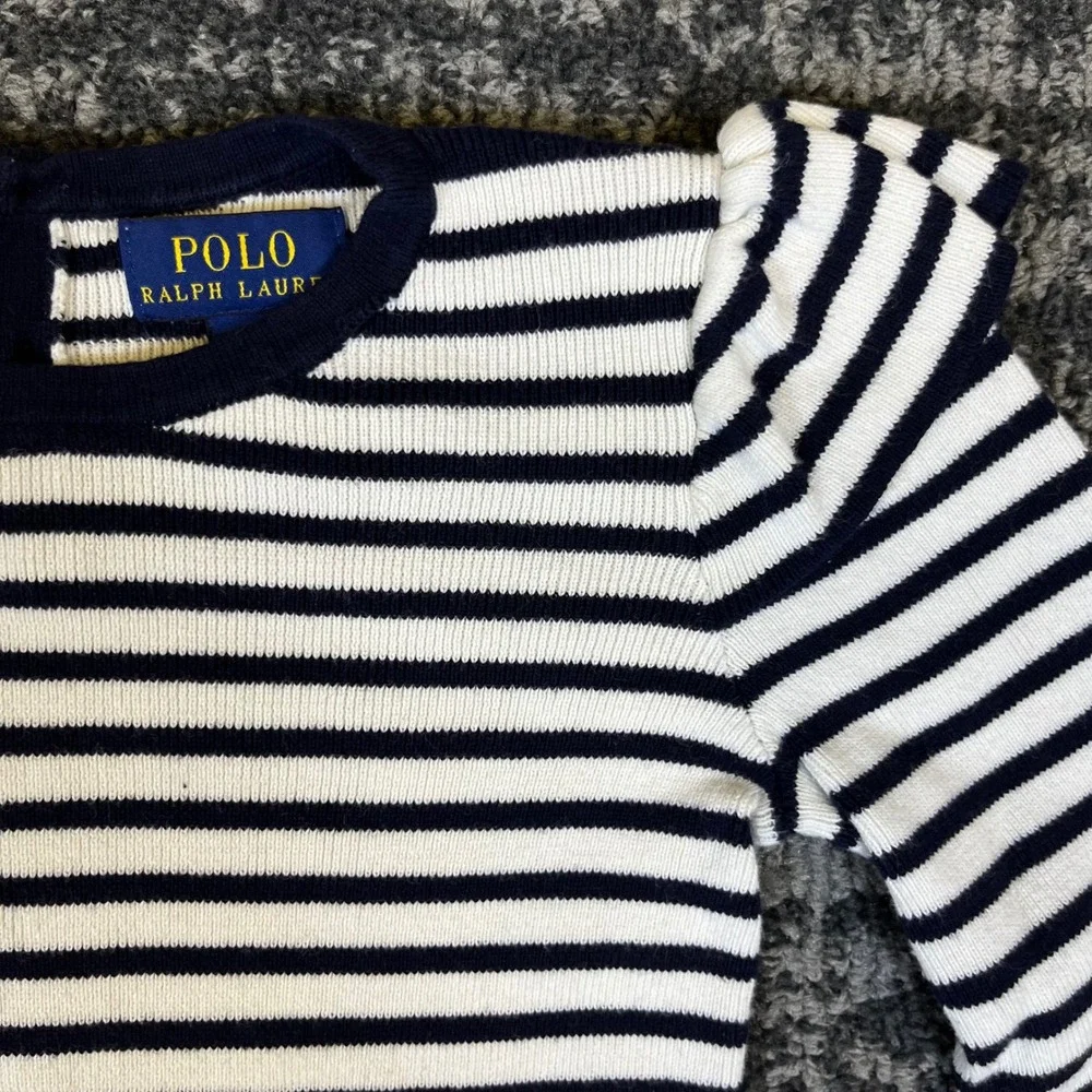 Polo Ralph Lauren Knit Top Girls Size 6 Navy Blue Stripes Ruffle Shoulder Shirt